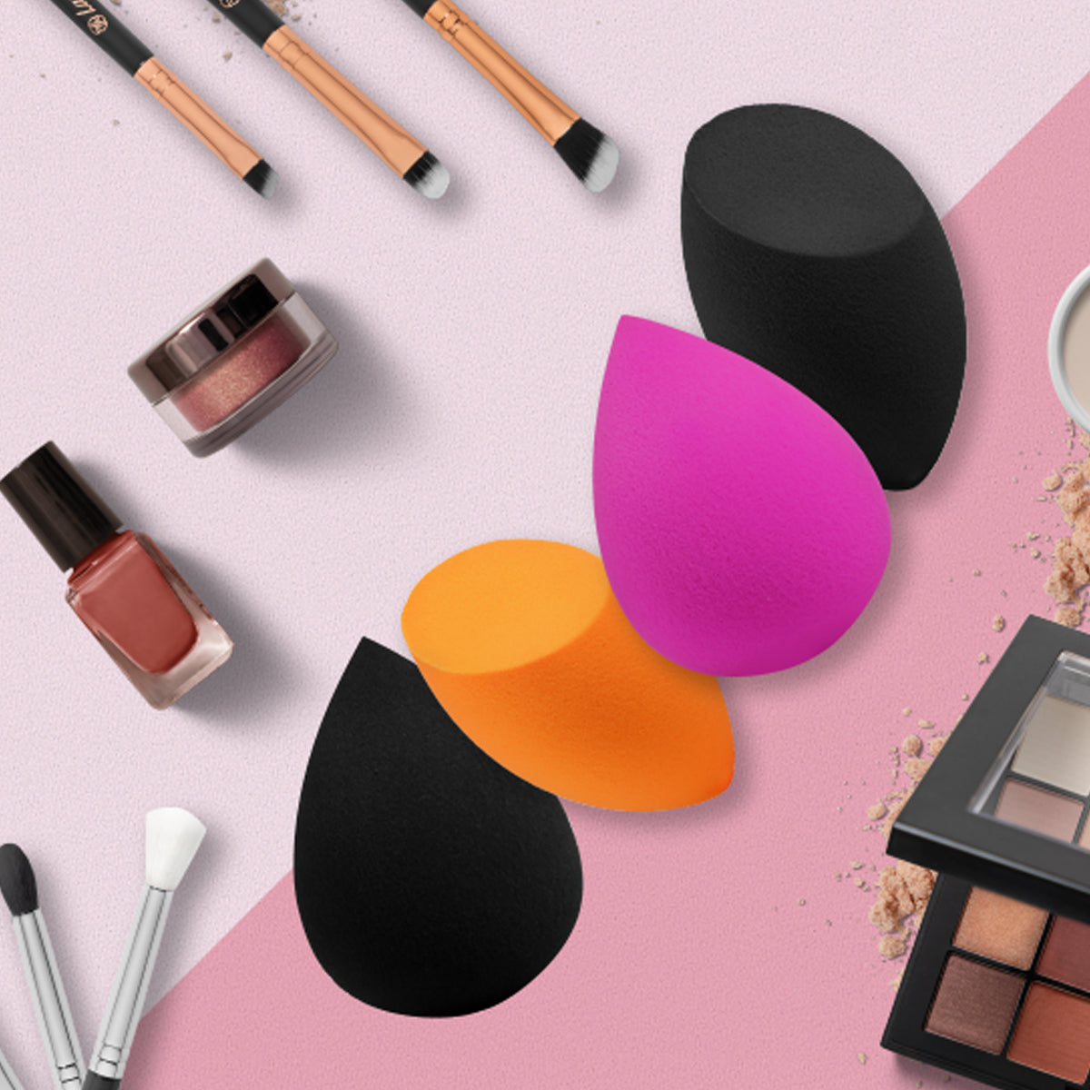 Beauty background image with beauty blenders and cosmetic sets